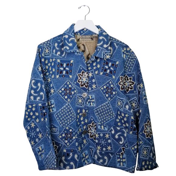 JANE ASHLEY Casual Lifestyle Woven Blue Cotton Blend Western Chore Jacket Size L - Picture 2 of 9